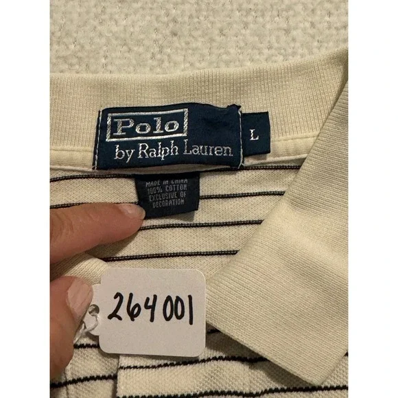 Polo Ralph Lauren Mens Large Cream Navy Striped Short Sleeve Pique Polo Shirt - Picture 4 of 8